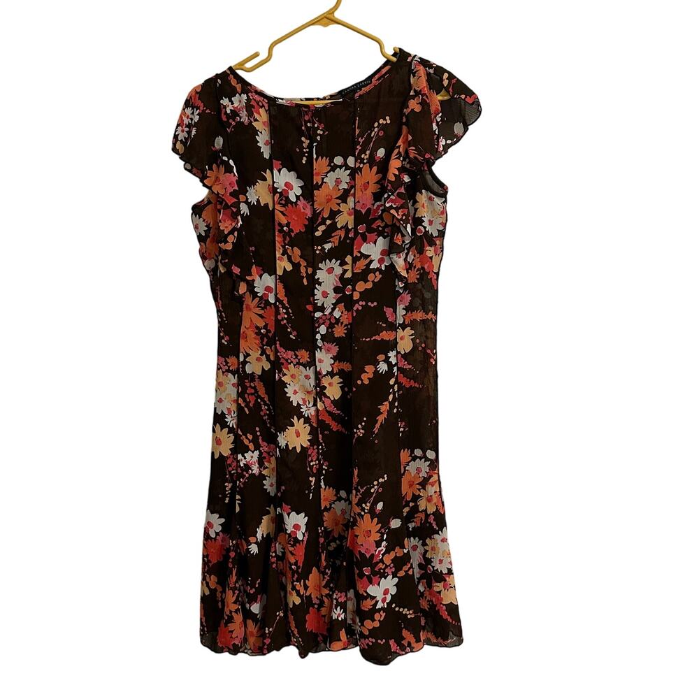 Sandra Darren Dress Womens 14 Brown Orange Flutter Cap Sleeve Floral Neutral